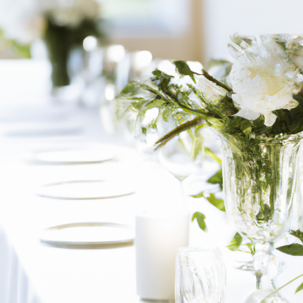 Composition florale élégante pour événement: palette blanc et vert, lumière naturelle.