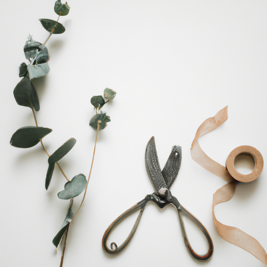 Outils de fleuriste minimalistes: sécateur, ruban et eucalyptus sur fond blanc.